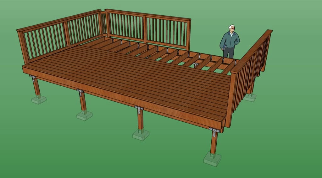 Cutaway of a deck showing footings, posts, beams, joists, decking and rails — the structure a contract has to name.